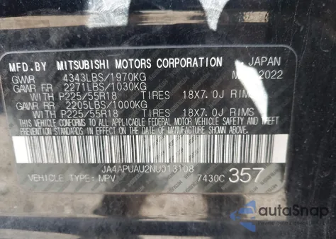 2022 Mitsubishi Outlander Sport 2.0 Be 2Wd/2.0 Es 2Wd/2.0 Le 2Wd/2.0 S 2Wd из США, поврежденный, VIN JA4APUAU2NU013108